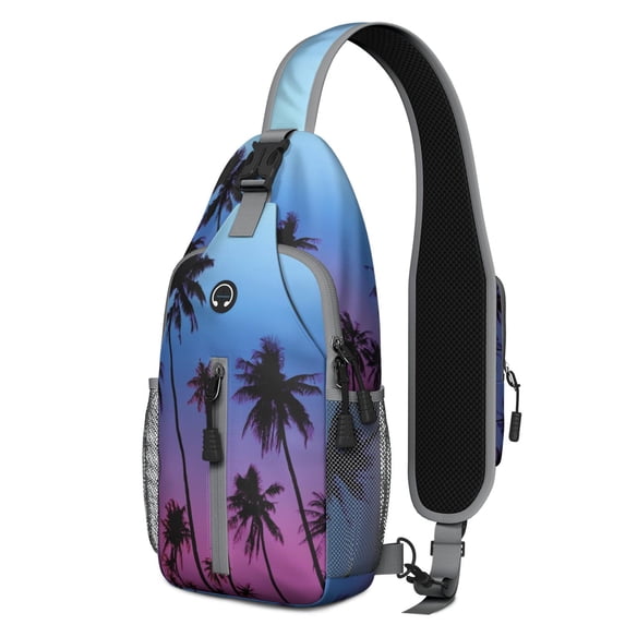 Ocean Glow Palm Tree Sling Backpack, Lightweight Crossbody Daypack with Coastal Paradise Print, Anti-theft Travel Bag for Outdoor Exploration