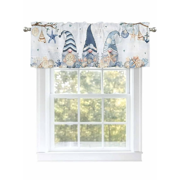 Ocean Gnome Blue Valances for Windows, Rod Pocket Kitchen Valance Curtains - Soft & Washable Small Window Treatment for Living Room, Bathroom, Summer Starfish Shell, 54x18inch