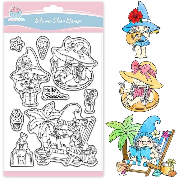 Ocean Gnome Clear Stamps for Scrapbooking Summer Gnome Silicone Stamps Palm Trees Transparent Stamp for Card Making DIY Embossing Journaling Colorful DIY