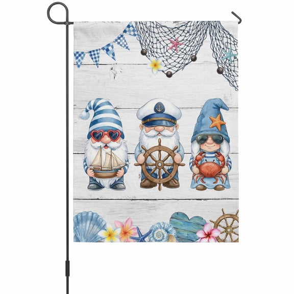 Ocean Gnome Garden Flags For Outdoor, Nautical Shell Sea Star Flag Flower White Wood Grain Small Double Side Yard Flags Weather Proof Garden Decor for Lawn Outside Holiday 12 x 18 Inches