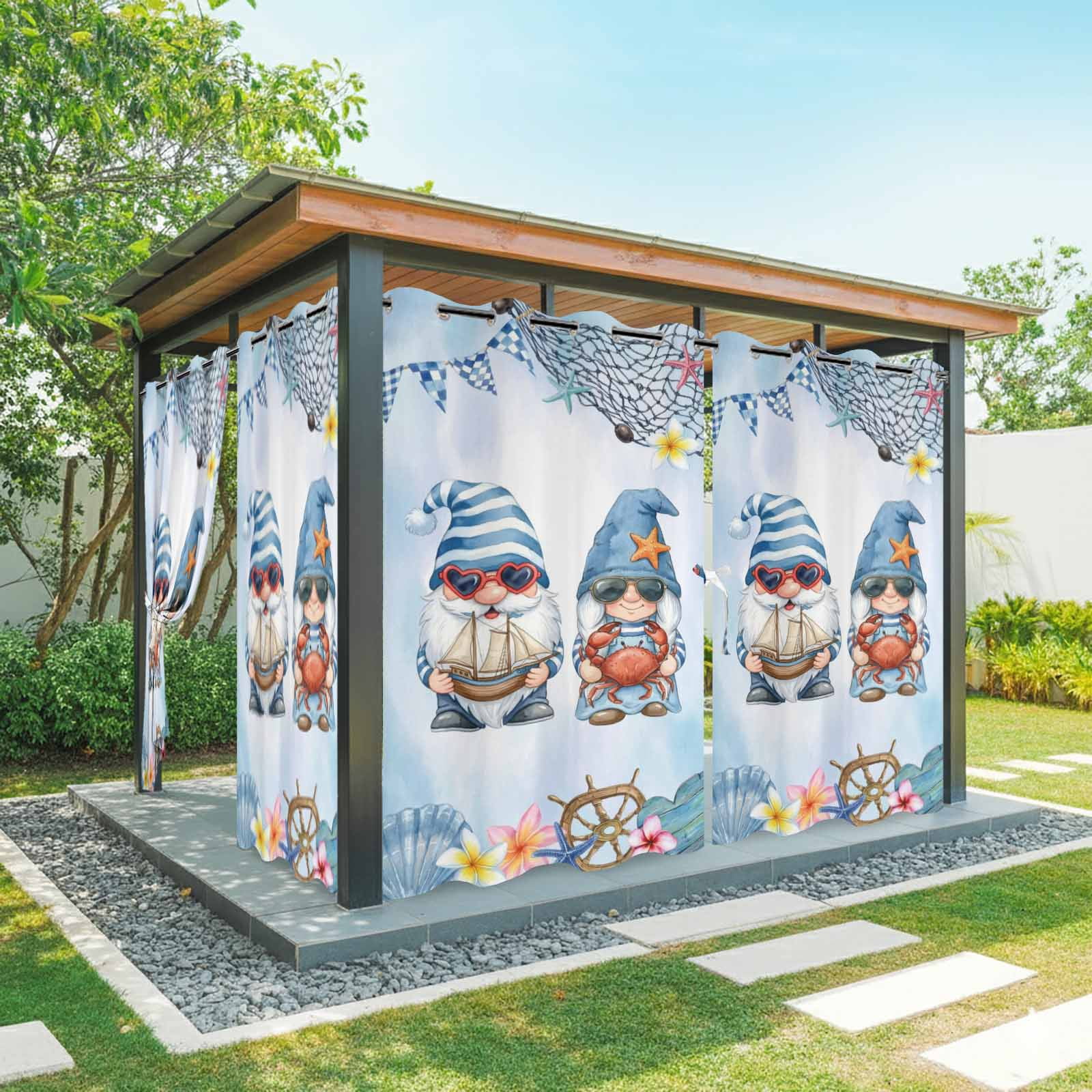 Ocean Gnome Outdoor Curtains for Patio, Nautical Shell Sea Star Flag Flower Blue Gradient Sunshade Privacy Drapes Grommet Waterproof Outside Curtains for Porch/Cabana/Balcony 54"x 108", 1 Panel