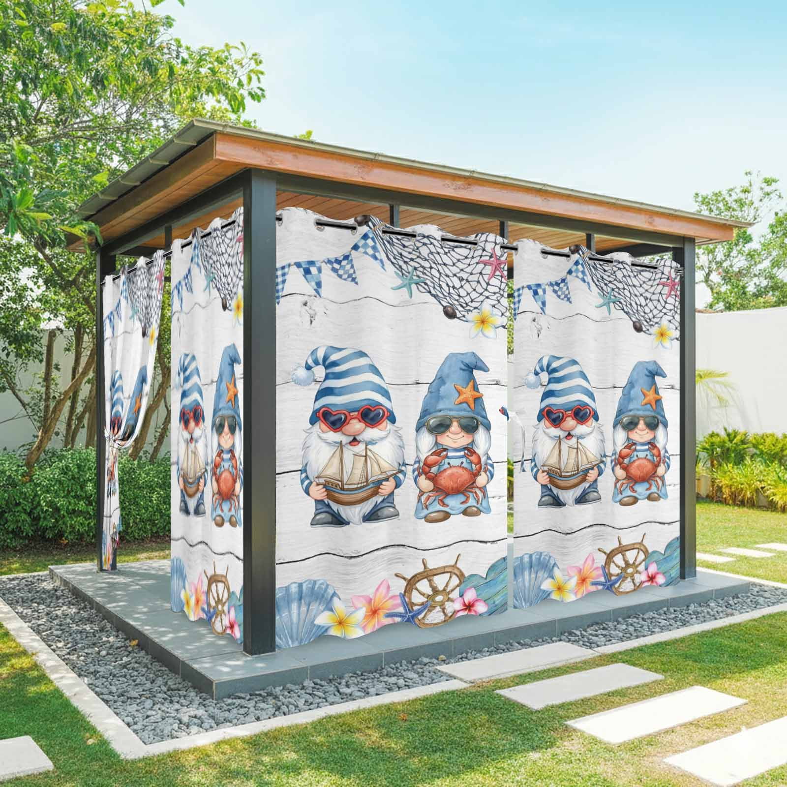 Ocean Gnome Outdoor Curtains for Patio, Nautical Shell Sea Star Flag Flower White Wood Grain Sunshade Privacy Drapes Grommet Waterproof Outside Curtains for Porch/Cabana/Balcony 54"x 108", 1 Panel