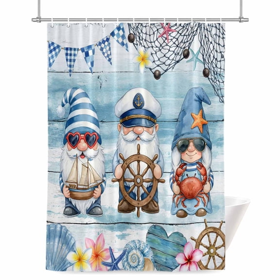 Ocean Gnome Shower Curtains for Bathroom, Nautical Shell Sea Star Flag Flower Blue Wood Grain Waterproof Fabric Shower Curtain for Bathroom Bathtub Decoration, Machine Washable 36"x72"