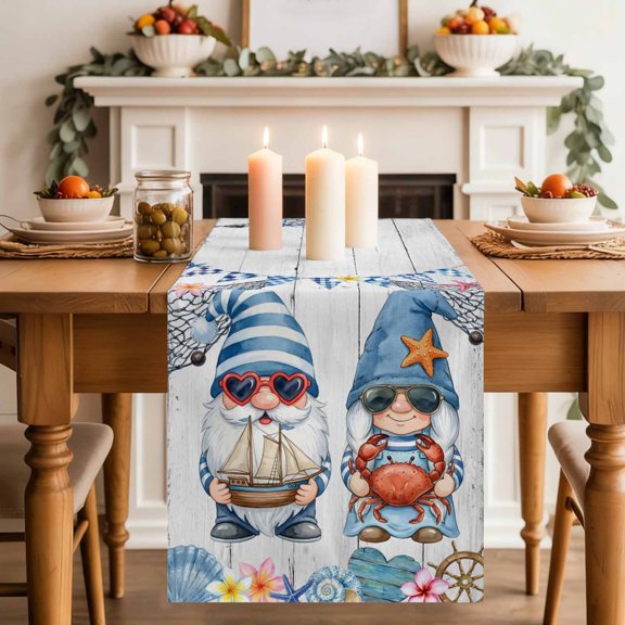 Ocean Gnome Table Runner, Nautical Shell Sea Star Flag Flower White Wood Grain Cotton Linen Kitchen Table Decoration Washable Dining Tabletop Runners for Home Party Decor 13x48 Inches