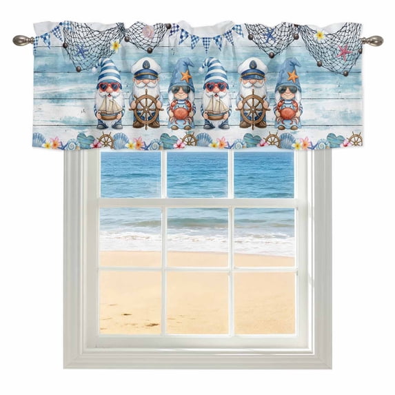 Ocean Gnome Window Valance for Kitchen, Nautical Shell Sea Star Flag Flower Blue Wood Grain Rod Pocket Short Curtain for Small Windows, Light Filtering Decorative Valance, 42 x 18 Inch