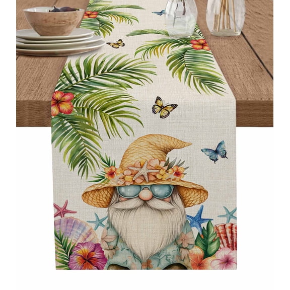 Ocean Gnomes Burlap Cotton Table Runner 13x60 Inches Long, Coastal Shell Palm Leaf Shell Starfish Farmhouse Table Runners, Outdoor Dining Tablecloths Decor for Baby Shower/Party/Wedding