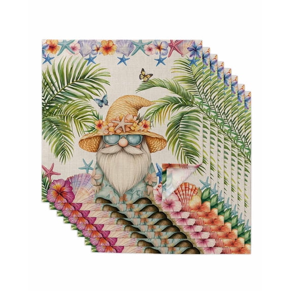 Ocean Gnomes Cloth Napkins Set of 8 Reusable Dinner Napkins, Coastal Shell Palm Leaf Shell Starfish Cocktail Napkin Washable Table Napkins for Wedding/Holiday Party/Baby Shower 20"x20"