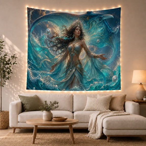 Ocean Goddess Among Turquoise Waves and Sea Bubbles, Mystical Fantasy for Ocean Lovers, Marine Deity Art, Housewarming Gift, Tapestry Wall Hanging for Bedroom and Living Room