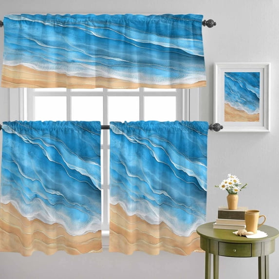 Ocean Gradient Blue Waves Curtain Tier and Valance Set 3 Piece, Summer Coastal Beach 3-inch Rod Pocket Window Tier Curtains Valance for Kitchen Living Room