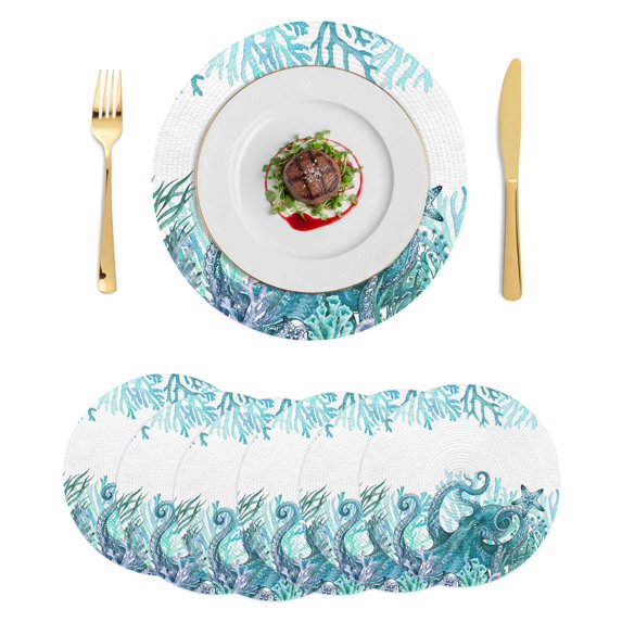 Ocean Green Octopus Round 15 Inch Placemats Set of 6, Coastal Coral Beach Nautical Starfish HeatResistant Non Slip Place Mats for Dining Table, Wipeable Braided Kitchen Table Mats for Housewarming