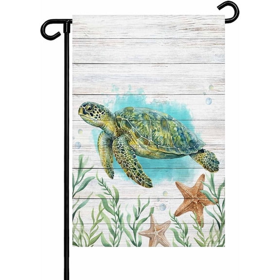 Ocean Green Turtles Garden Flag 12x 18 Double Side, Coastal Starfish Seagrass Rustic Wooden Garden Flags Outside House Flag Banner Welcome Yard Flag for Holiday Party Outdoor Decorations All Seasons