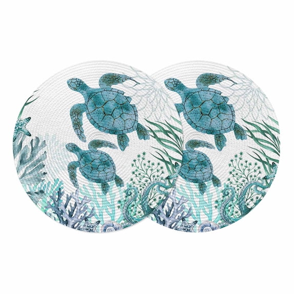 Ocean Green Turtles Round 13 Inch Placemats Set of 2, Coastal Octopus Coral Nautical Starfish HeatResistant Non Slip Place Mats for Dining Table, Wipeable Braided Kitchen Table Mats for Housewarming