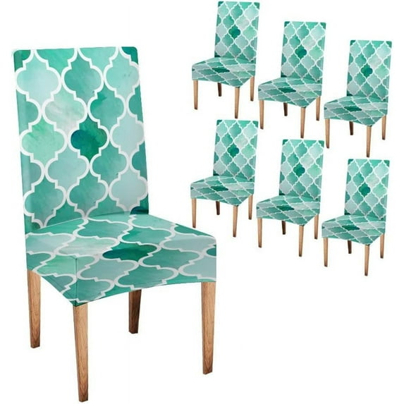 Ocean Green and White Dining Chair Slipcovers Removable Set of 6 Modern Stylish Decorative Chair Covers for Office Kitchen Dining Room