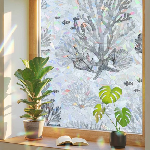 Ocean Grey Coral Window Privacy Film, Summer Nautical Sea Watercolor Fish Starfish Shell Stained Glass Rainbow Film Decorative Window Clings, Static Cling Sun Blocking Stickers 17.7" x 39.3"