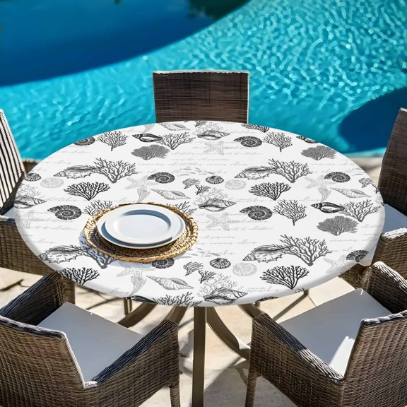 Ocean Grey Shell Coral Starfish Round Fitted Tablecloth with Elastic Edge,Waterproof Table Cloth Fits Tables Up to 36"-44",Washable Table Cover for Indoor Outdoor Dinning Party,Abstract Marine Life