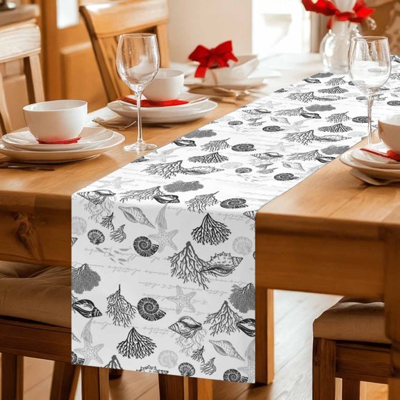 Ocean Grey Shell Coral Starfish Table Runner 36 Inches Long,Kitchen Dining Tablerunners Abstract Marine Life Linen Table Runners Dresser Scarves for Home Dinner Wedding Holiday Party Decor