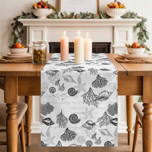 Ocean Grey Shell Coral Starfish Table Runner 70 Inches Long,Kitchen Dining Tablerunners Abstract Marine Life Linen Table Runners Dresser Scarves for Home Dinner Wedding Holiday Party Decor