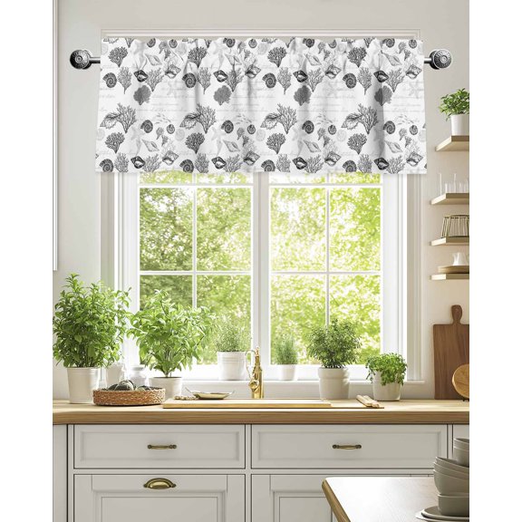 Ocean Grey Shell Coral Starfish Valances for Windows,Kitchen Valance Rod Pocket Short Curtain,Abstract Marine Life Valance Curtain Window Valances for Bedroom Living Room 54x18in