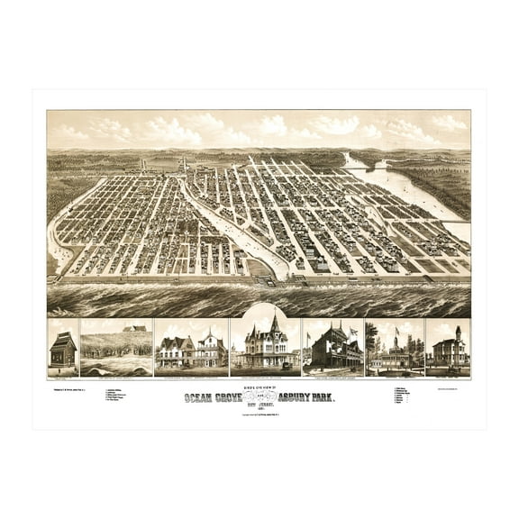 Ocean Grove Art, 1881 Vintage Map of Ocean Grove New Jersey, NJ History Wall Decor Gift, Old Ocean Grove Map - 36" x 24" Unframed Print
