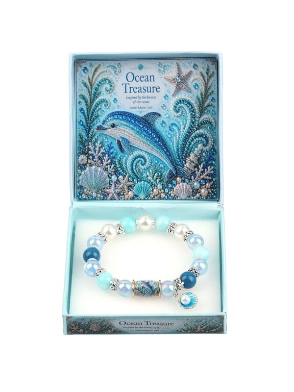 Ocean Guardians Keepsake Bracelet Collection, Ocean Animal Charm Beaded Bracelets for Women, Stretchy Blue Bead Charm Bracelet, Coastal Beach Jewelry Bracelet Set with Gift Box