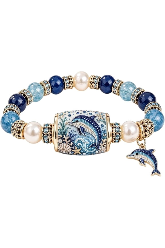Ocean Guardians Keepsake Bracelet Collection, Women Beaded Stretch Bracelet with Ocean Animal Charms, Ocean Blue Beads Jewelry Gift for Women Ocean Lovers, Coastal Beach Accessory (#04)