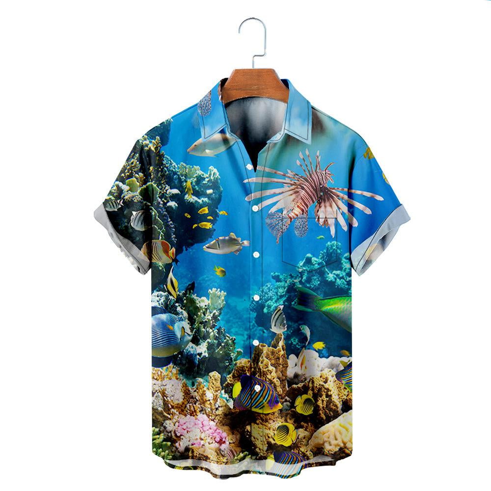 Ocean Hawaiian Shirts for Men Summer Aquarium Button Down Mens Hawaiian Shirts Short Sleeve