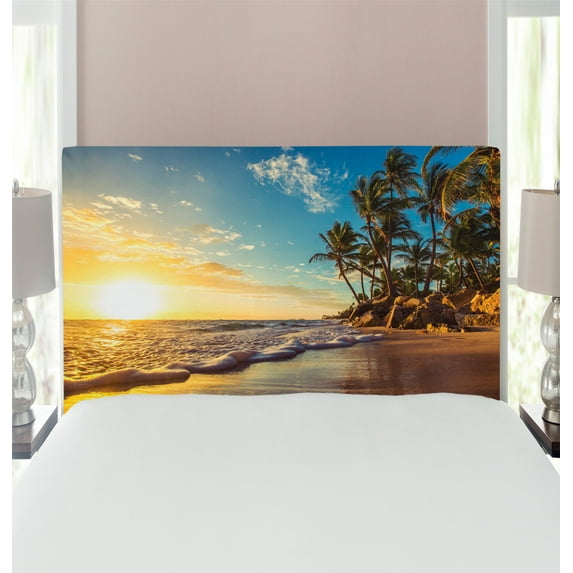 Ocean Headboard, Image of Palm Trees on Exotic Beach at Sunset Waves in the Ocean Dominican Paradise, Upholstered Decorative Metal Bed Headboard with Memory Foam, Twin Size, Multicolor, by Ambesonne