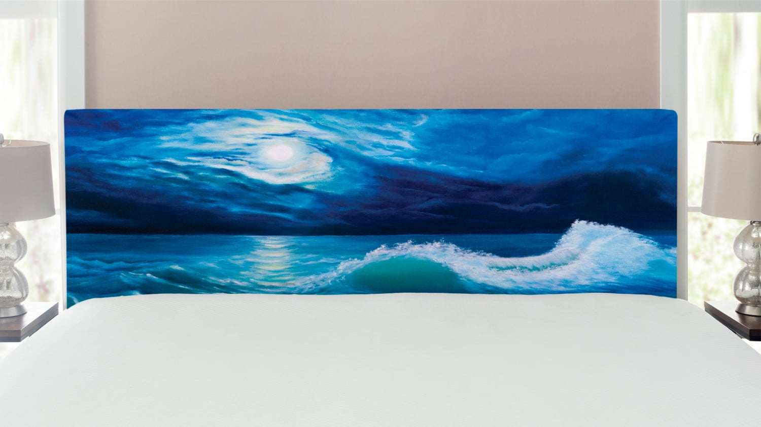 Ocean Headboard, Moonlight over Wavy Sea Dramatic Sky Beach Landscape ...
