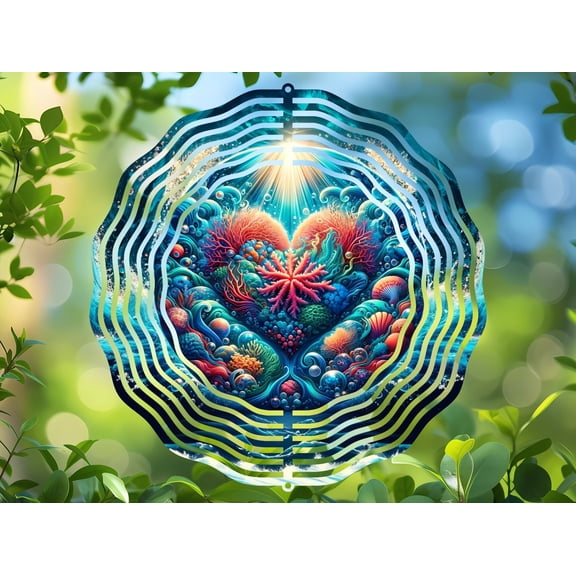Ocean Heart Marine Life 3D Wind Spinner, Vibrant Sea Kinetic Stainless Steel Hanging Coastal Decor