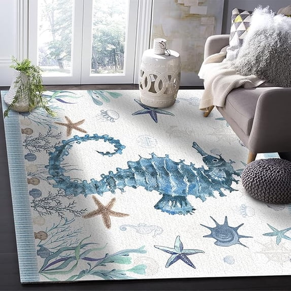 Ocean Hippopotamus Area Rug, Blue Beach Starfish Coral Indoor Rugs, Non Slip Machine Washable Easy Care Carpet For Living Room Bedroom Study Apartment Home Decor 3 x 4ft