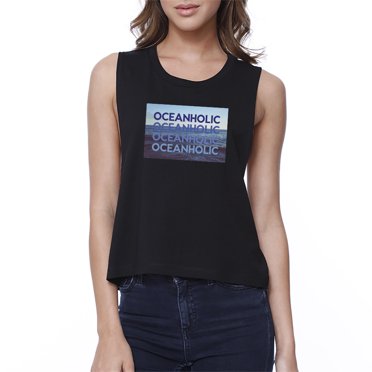Ocean Holic Womens Black Graphic Tanks Lightweight Tropical Design