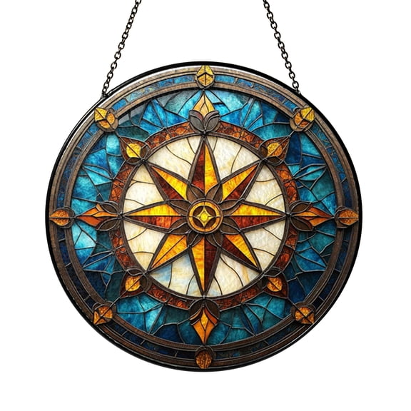 Ocean Inspired Compass Rose Stained Glass Style Window Hanging