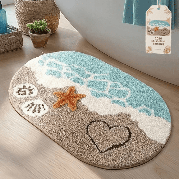 Ocean-Inspired Premium Microfiber Bath Rug, Beach Bathroom Mat Cute Blue Coastal Rugs Non Slip Washable Carpet Boho Sea Starfish Shell Decor for Home Bathroom Entryway(20 * 32 in (50 * 80 cm))
