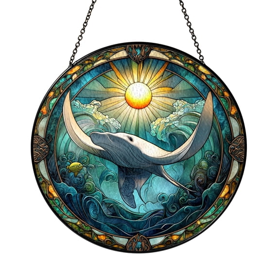 Ocean Inspired Stained Glass Style Window Hanging, Wave Art Panel, Decorative Glass Style Window Decor for Beach House Home Accent