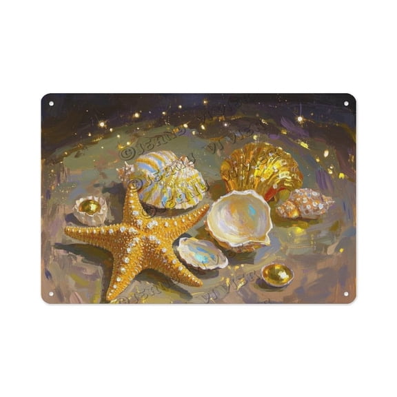 Ocean-Inspired Starfish and Shells Metal Tin Sign  12x16 Inch Vintage Coastal Wall Art  Perfect for Beach House, Garden, Bathroom  Gift for Ocean Lovers