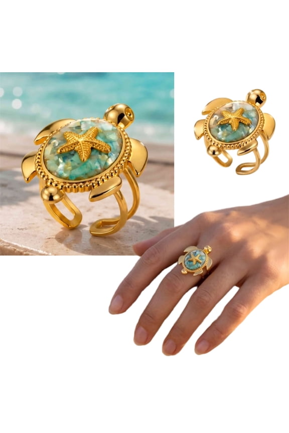 Ocean-Inspired Turtle Starfish Adjustable Ring for Women 18K Gold-Tone Plated Stainless Steel Open Band, Boho Shell Inlay Ring, Waterproof Statement Jewelry for Beach, Summer & Casual Wear