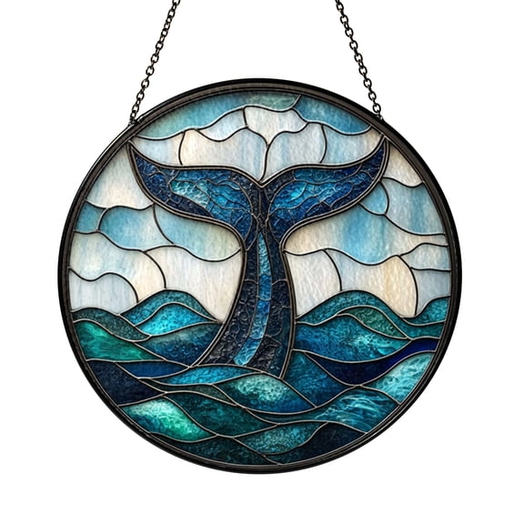 Ocean Inspired Whale Tail Window Hanging, Round Blue Wave Panel for Calm Coastal Style Home Decor