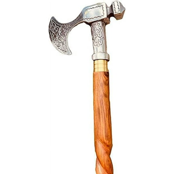 Ocean Instruments Antique Brass Walking Stick with Unique Axe Handle, Adjustable Vintage Nautical Wooden Walking Stick Cane for Men & Women