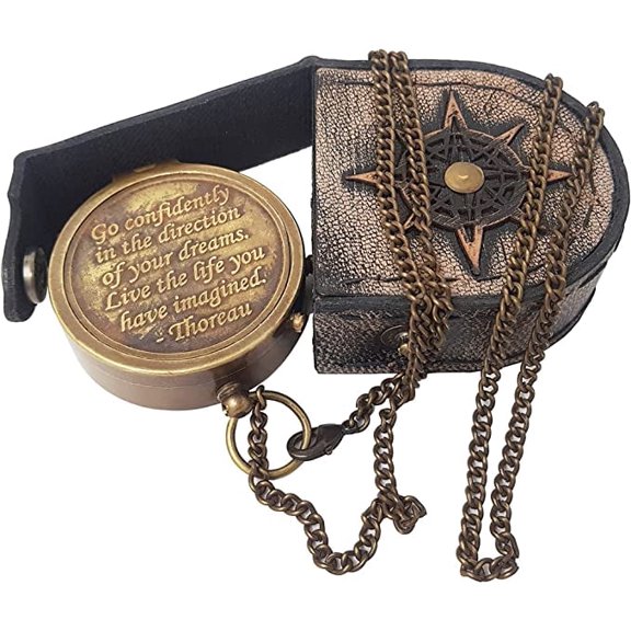 Ocean Instruments Instruments Brass Compass Engraved with Thoreau's Go Confidently Quote and Stamped Leather Case, Boys Gifts