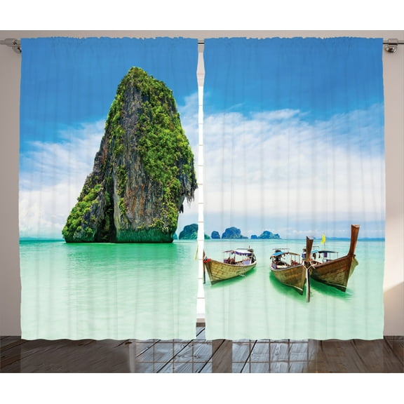 Ambesonne Island Curtains 2 Panel Set, Rock in the Sea Coast, 108" x 90", Multicolor