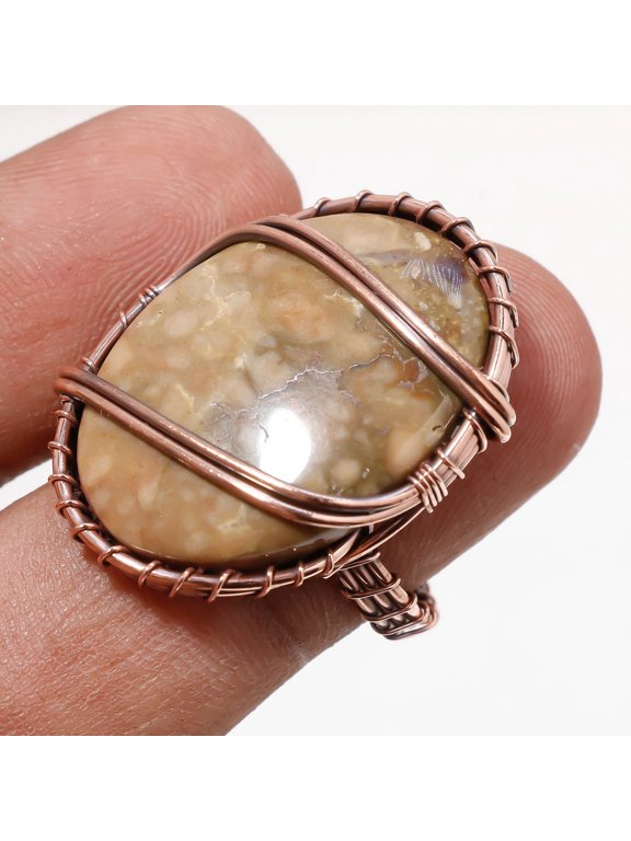 Ocean Jasper Gemstone Handmade Ethnic Wire Wrap Copper Jewelry Ring 7.50" SR 437
