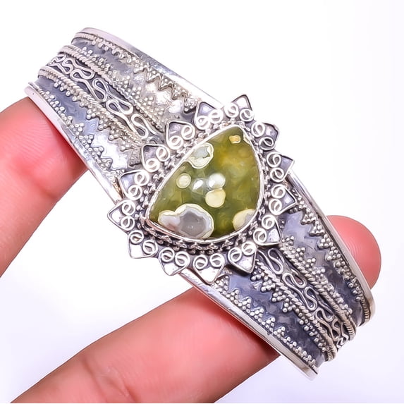 Ocean Jasper - Madagascar Gemstone 925 Silver Plated Cuff Adst. T30 A326, Valentine's Day Gift, Birthday Gift, Beautiful Jewelry For Woome & Girls