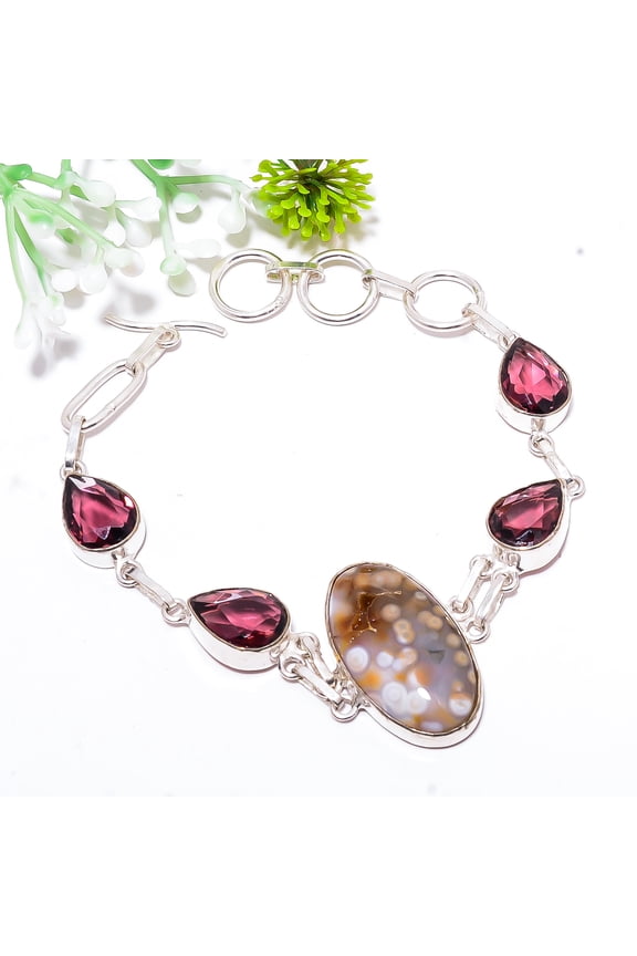 Ocean Jasper -Madagascar & Pink Tourmaline 925 Sterling Silver Bracelet 7.99" B9