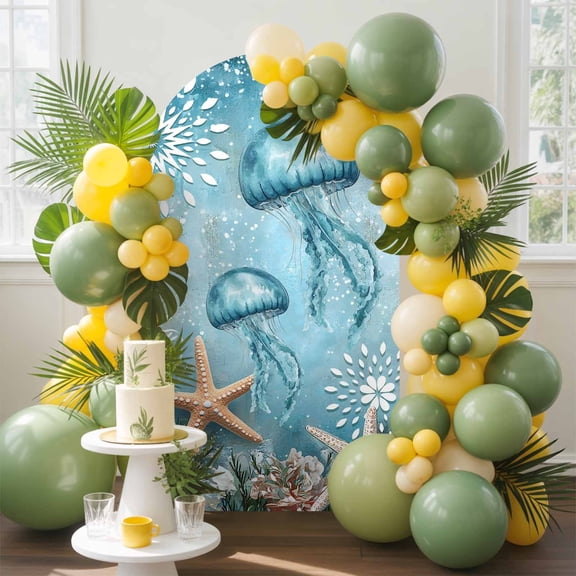 Ocean Jellyfish Arch Backdrop Cover, 5FT, Marine Life Abstract Retro Blue Nature Spandex Arch Covers Double-Sided Backdrop for Wedding Birthday Party Photo Background Decoration