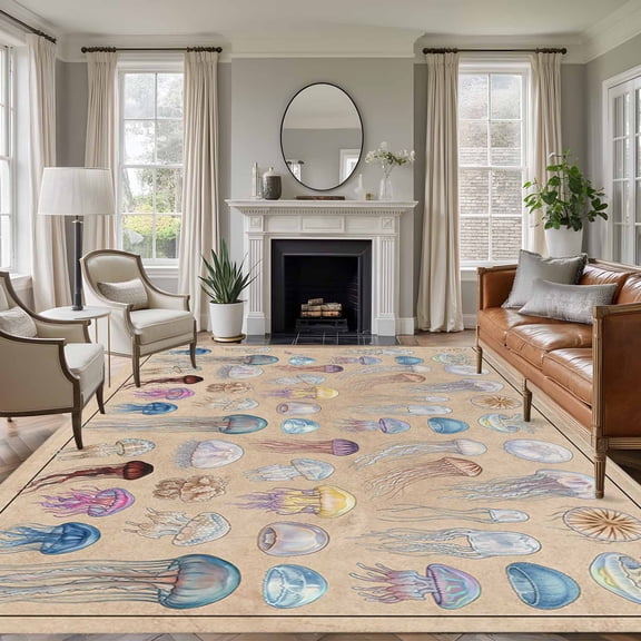 Ocean Jellyfish Area Rugs 6'x9', Washable Small Throw Rugs for Kitchen Dining room, Vintage Colorful Coastal Animal Brown Indoor Outdoor Rug Non-Slip Low Pile Carpet Runner Reversible Floor Mats