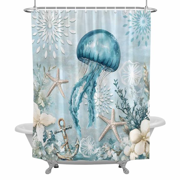 Ocean Jellyfish Bathroom Shower Curtain, Vintage Nautical Starfish Anchor Floral Waterproof Washable Soft Bath Curtain for Bathtub Decor with 12 Hooks&Grommet, 36x72 Inch