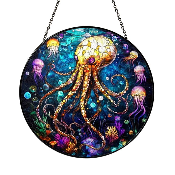 Ocean Jellyfish Octopus Stained Glass Suncatcher Window Hanging Decor, Deep Sea Stained Glass Style Window Ornament, Underwater Art Sun Catcher for Living Room Window Decor