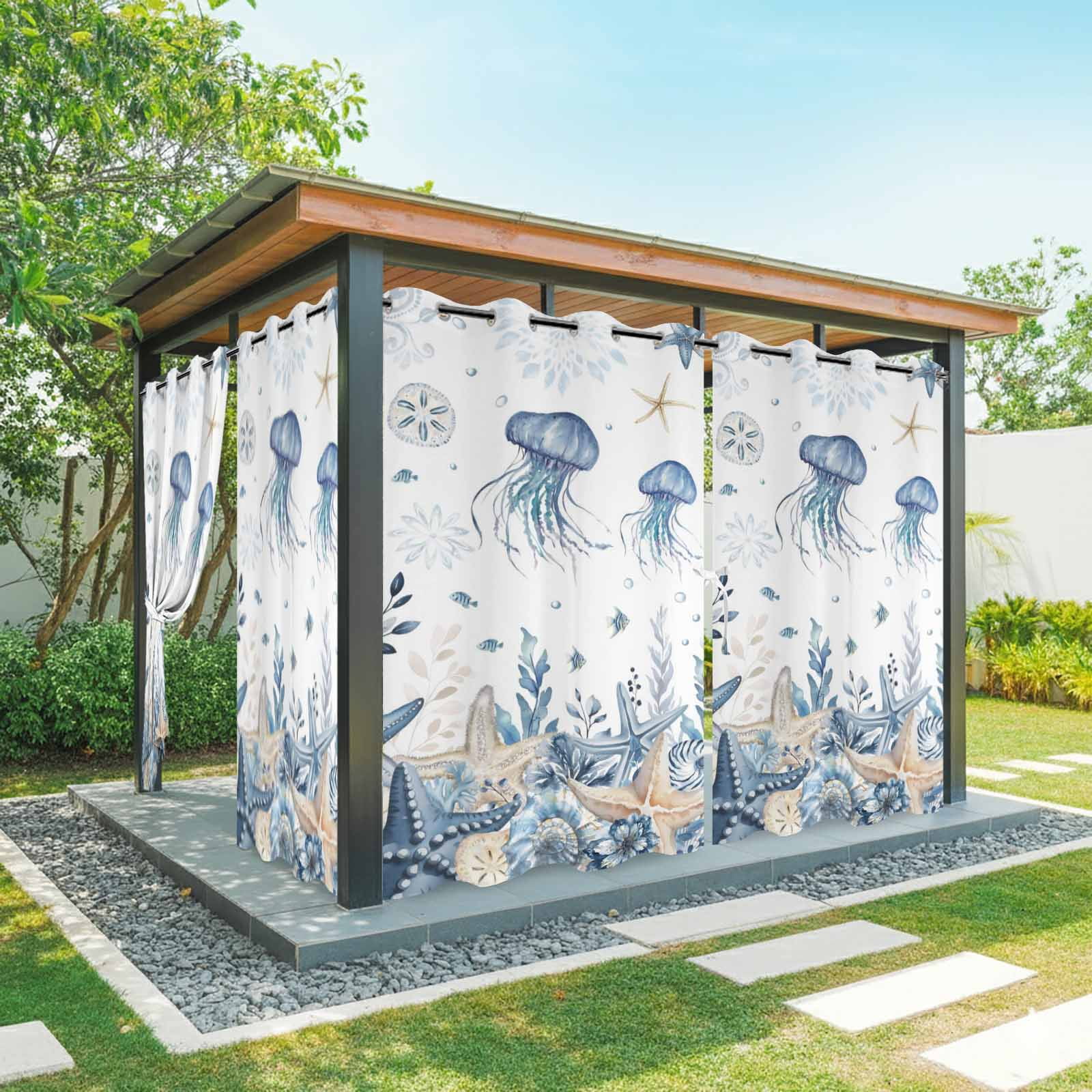 Ocean Jellyfish Outdoor Curtains for Patio, Blue Yellow Sea Star Shell Coral Sunshade Privacy Drapes Grommet Waterproof Outside Curtains for Porch/Cabana/Balcony 54"x 108", 1 Panel
