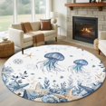 thumbnail image 1 of Ocean Jellyfish Round Living Room Rugs 6 ft, Blue Yellow Sea Star Shell Coral Washable Area Rug with Non-Slip Sturdy Edge Binding Round Carpet for Kitchen Office Bedroom, 1 of 9