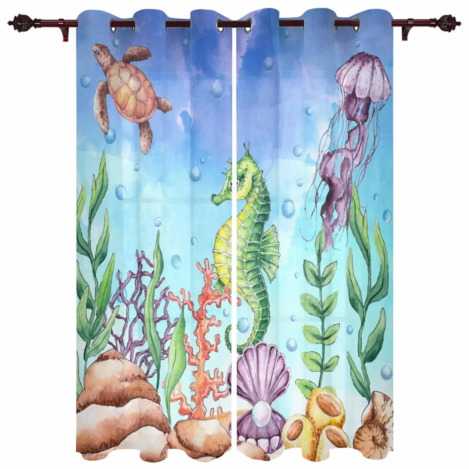 Ocean Jellyfish Seahorse Coral Watercolor Window Curtains for Living